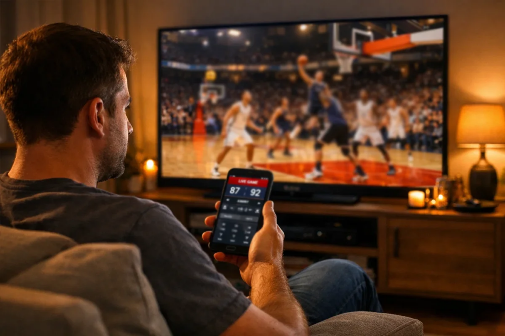 Aficionado viendo un partido de baloncesto en directo en televisión desde el sofá con smartphone