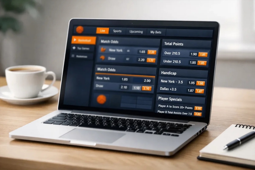 Interfaz de plataforma de apuestas deportivas en pantalla de ordenador portátil