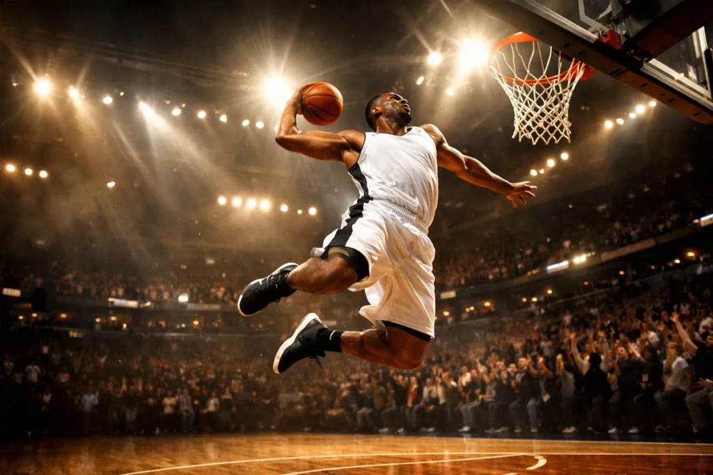 Jugador de baloncesto realizando un mate en un pabellón profesional con iluminación dramática