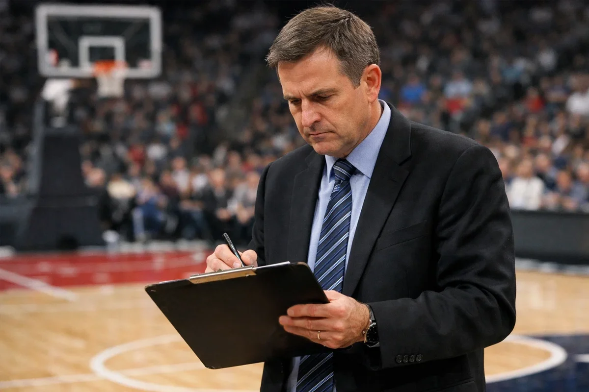 Entrenador de baloncesto analizando estrategias con tableta táctica
