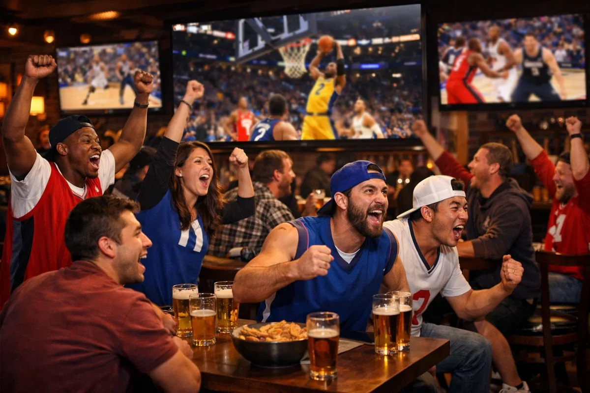 Aficionados viendo un partido de NBA en un bar deportivo