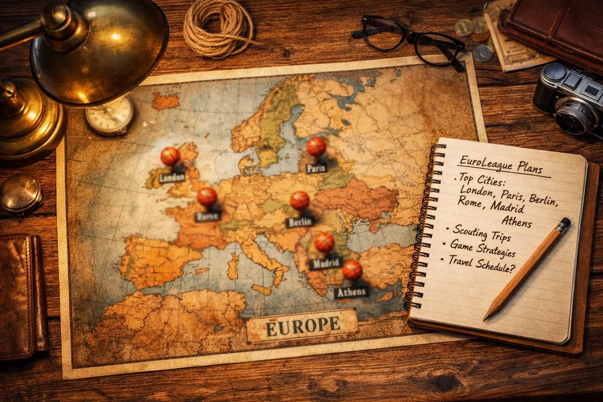 Mapa de Europa con iconos de equipos de baloncesto