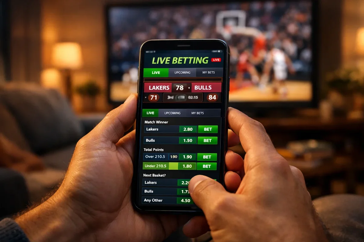 Smartphone mostrando aplicación de apuestas en vivo