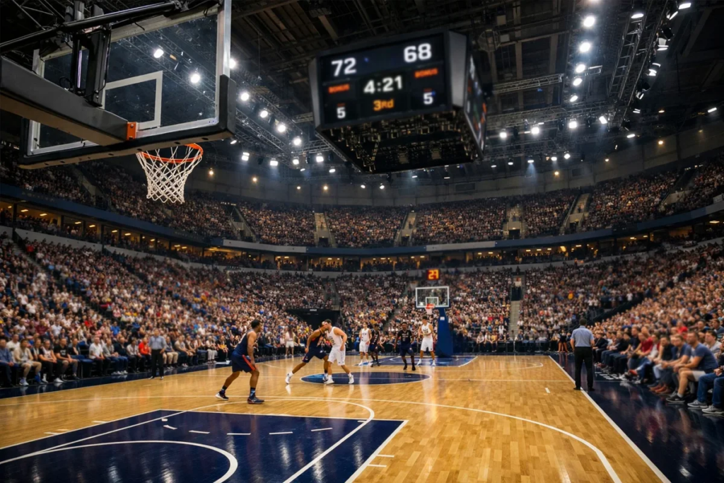 Cancha de baloncesto profesional con tablero electrónico y gradas llenas de aficionados