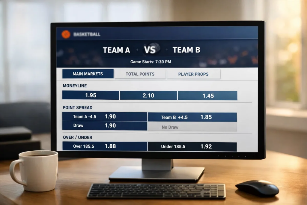 Pantalla de ordenador mostrando diferentes mercados de apuestas de baloncesto con cuotas